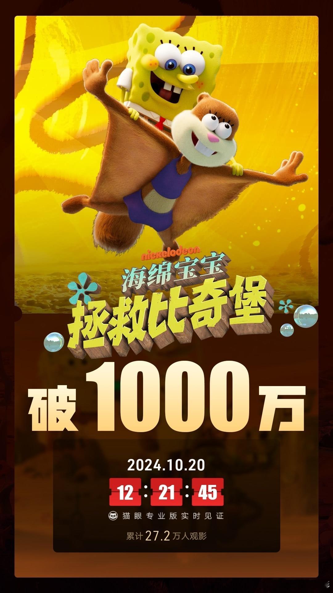 #电影海绵宝宝拯救比奇堡# 上映3天，总票房破1000万#佳片奇遇季# ​​​