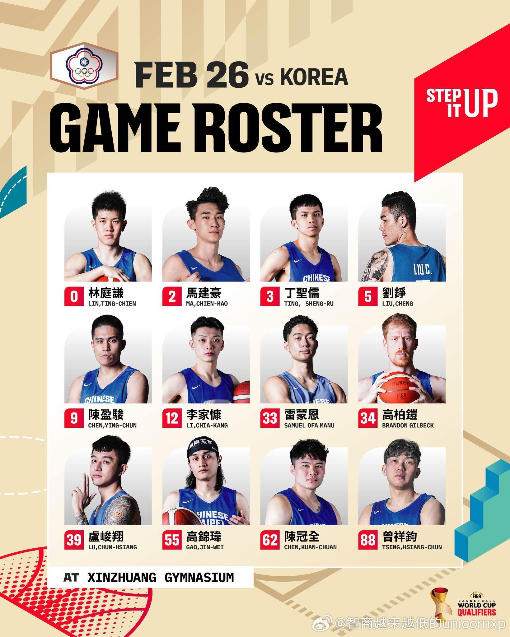 中国台北世预赛第二窗口期12人名单亚洲篮球FIBA