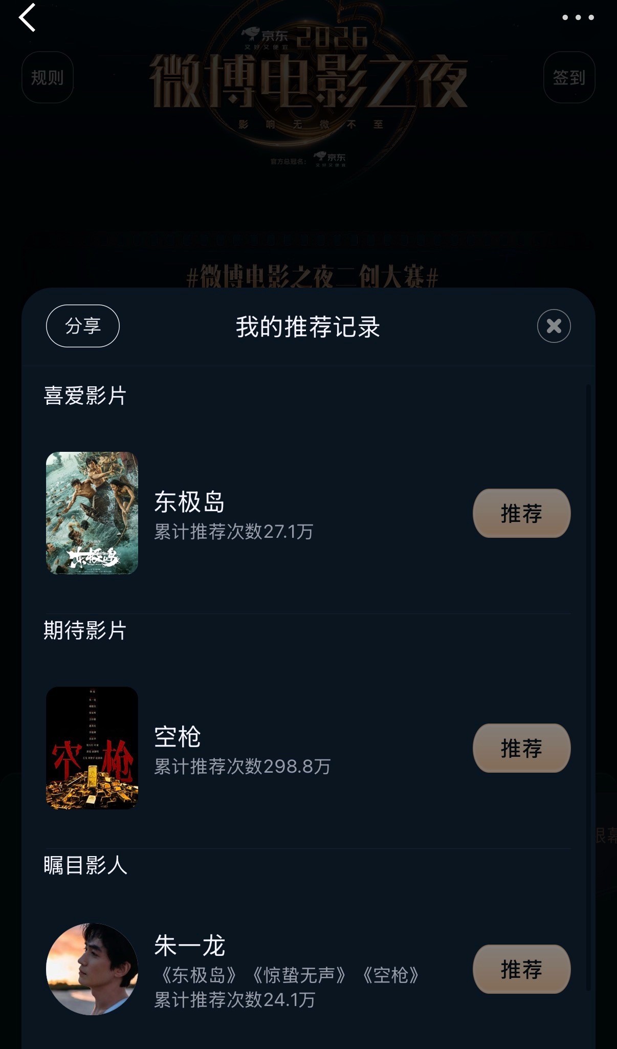 2026微博电影之夜 来干，先加入空枪影迷团，随后做完任务得26张票，再分别点击