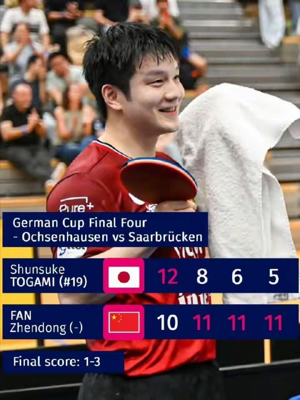 体育 樊振东3:1逆转户上隼辅，一单两分帮助萨尔布吕肯晋级德国杯决赛樊振东vs户