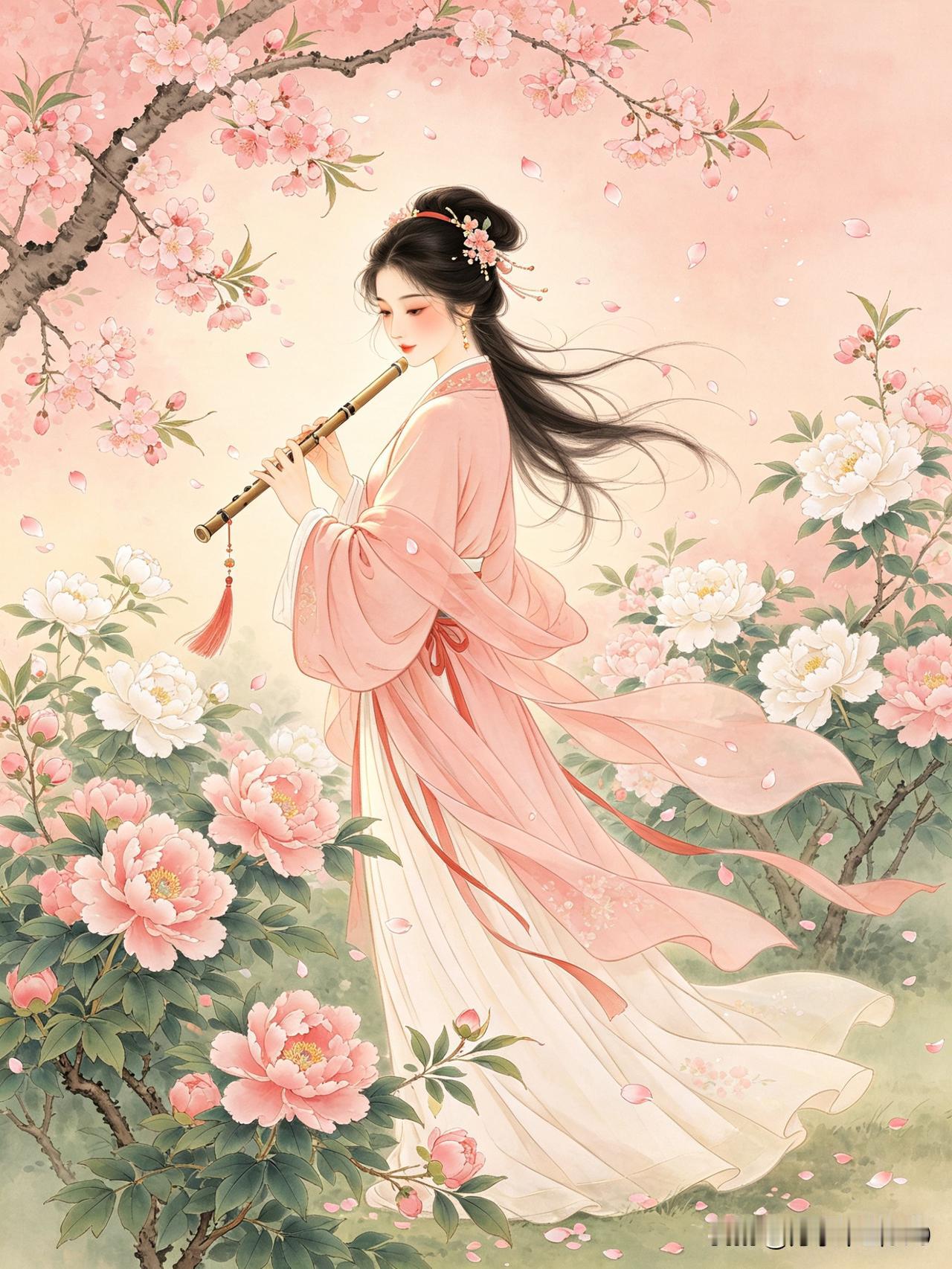 美人赏花
轻点桃腮慢画眉，
纤腰款步向芳蹊。
一花一草频回首，
半醉半痴自弄笛。