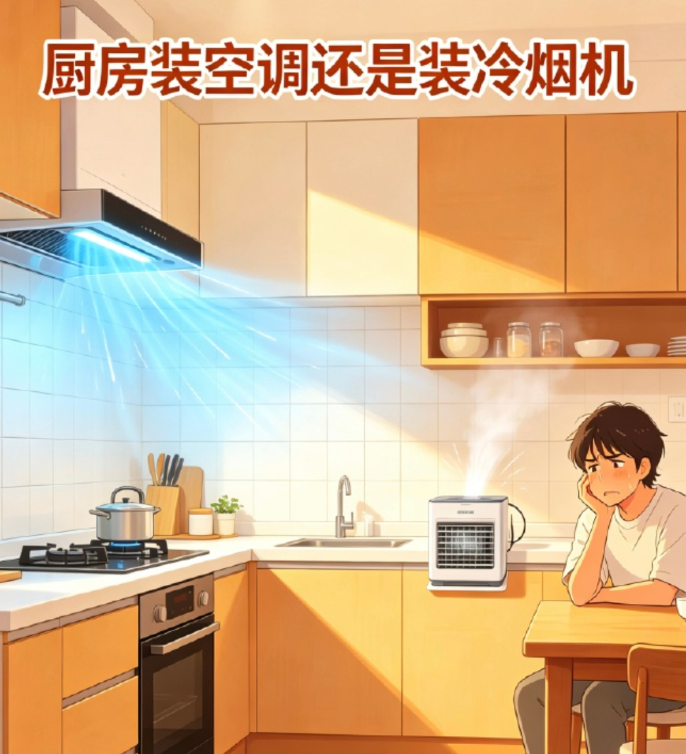 对比过厨房空调和冷烟机后，我更偏向冷烟机。之前夏天炒菜闷热难耐，装厨房空调虽降温