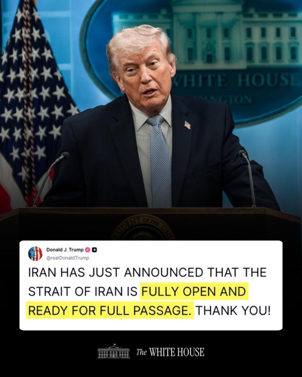 爱憎分明，这很特朗普

“伊朗刚刚宣布，伊朗海峡完全开放并准备好全面通行。谢谢你