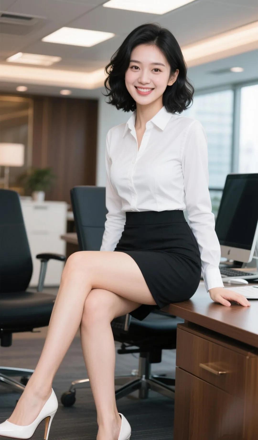 职场优雅风：白衬衫+黑短裙，自信微笑，魅力无限！