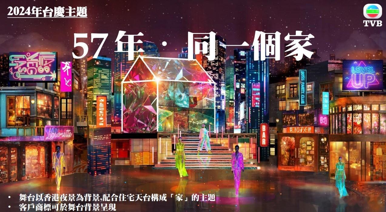 萬千星輝賀台慶2024主題：“57年 同一個家”，舞台以香港夜景為背景,配合住宅