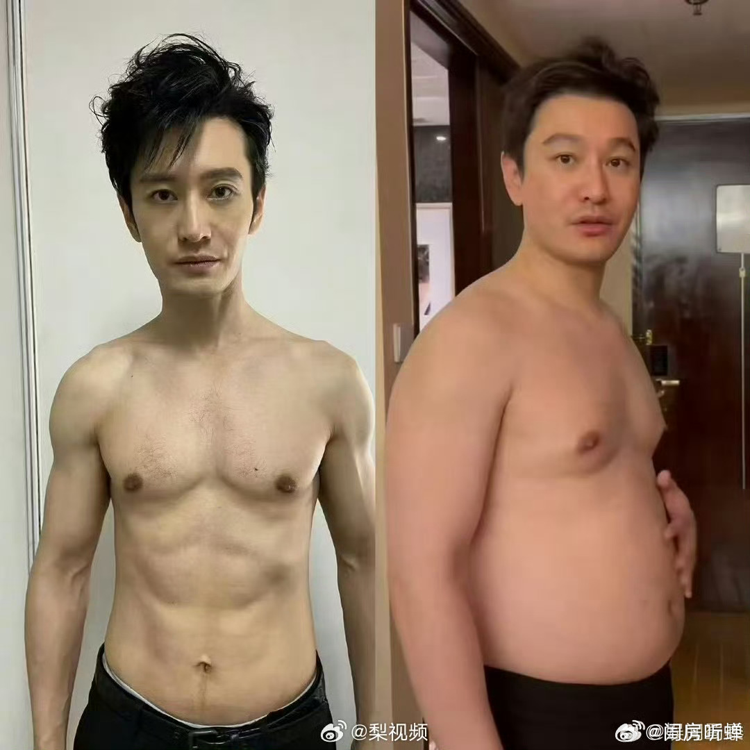 黄晓明晒增肥减肥对比照，黄晓明秀八块腹肌4月10日，黄晓明在朋友圈晒出自己的肌肉