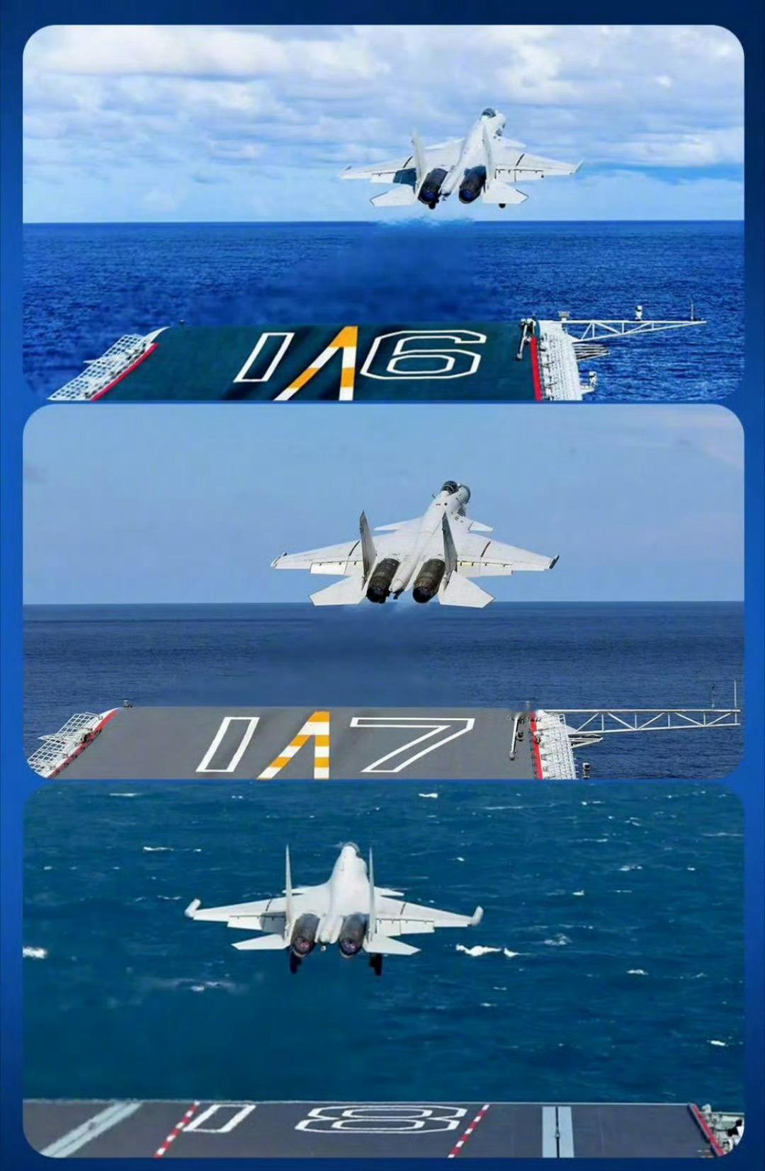 辽宁舰，山东舰，福建舰放飞歼-15的同角度图片。这3架歼-15还是3个不同的型号