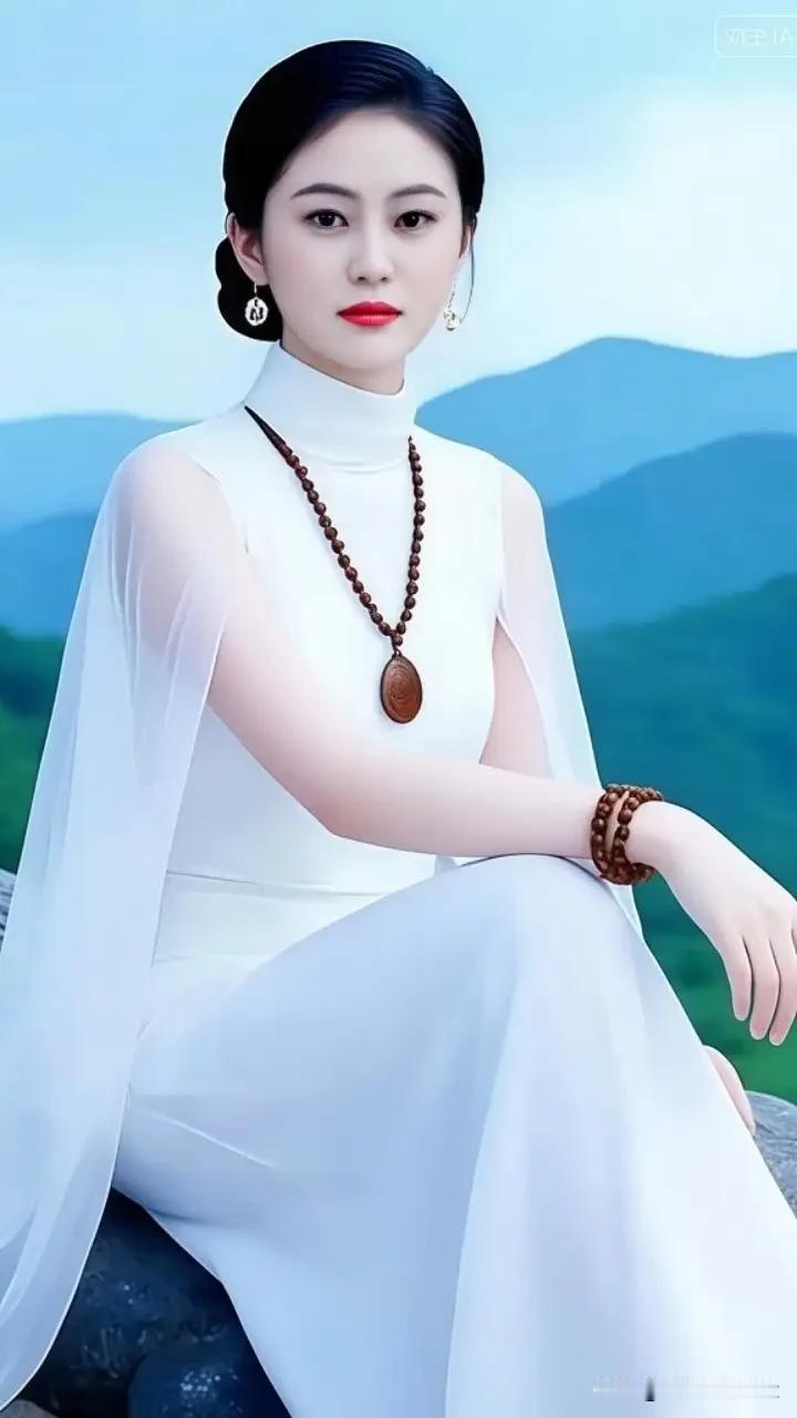 水仙子·山畔素衣
 
青山叠翠衬素裳，云袖轻扬鬓影藏，檀珠垂颈清心相。
眉目凝浅
