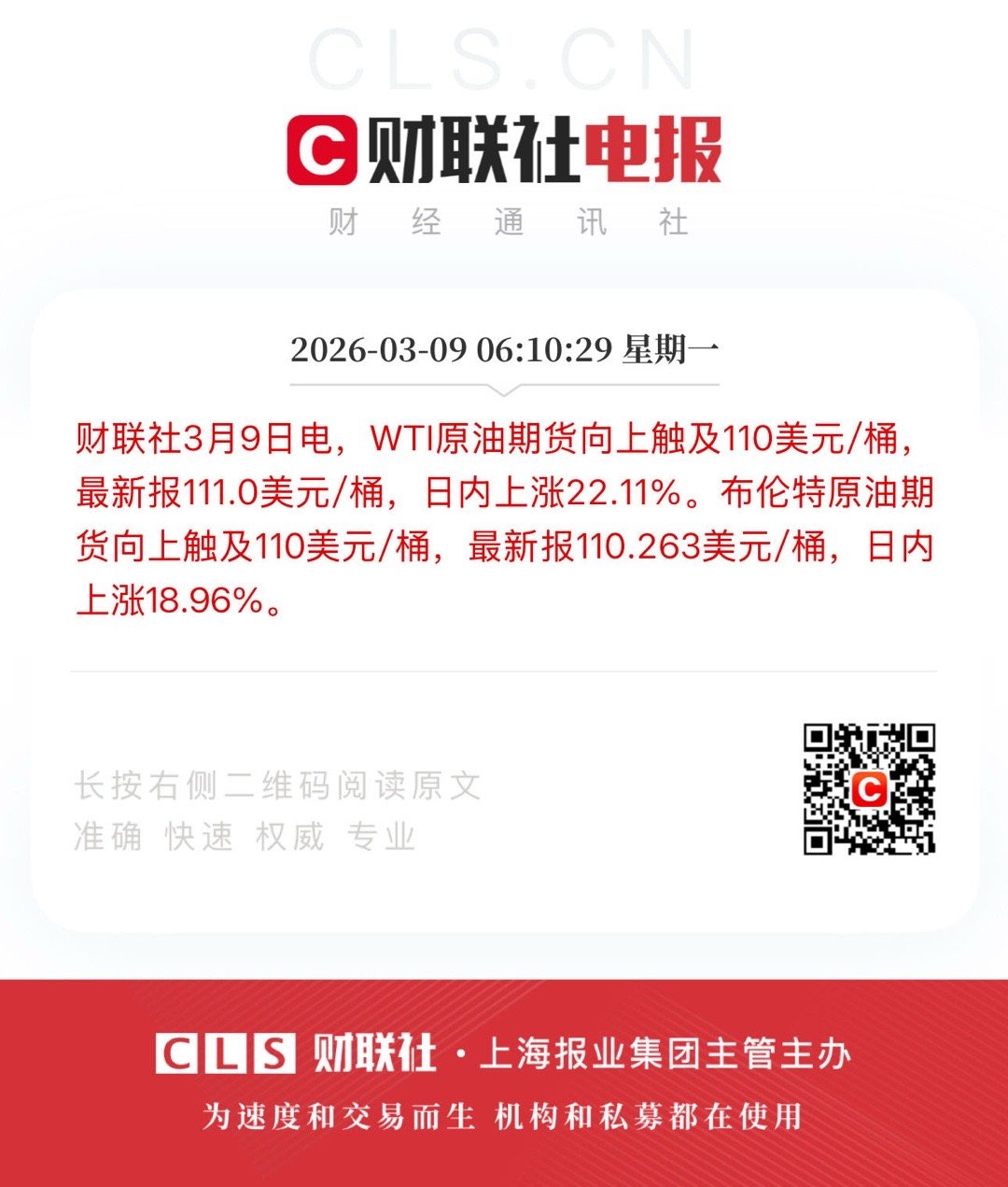 财联社3月9日电，WTI原油期货向上触及110美元/桶，最新报111.0美元/桶