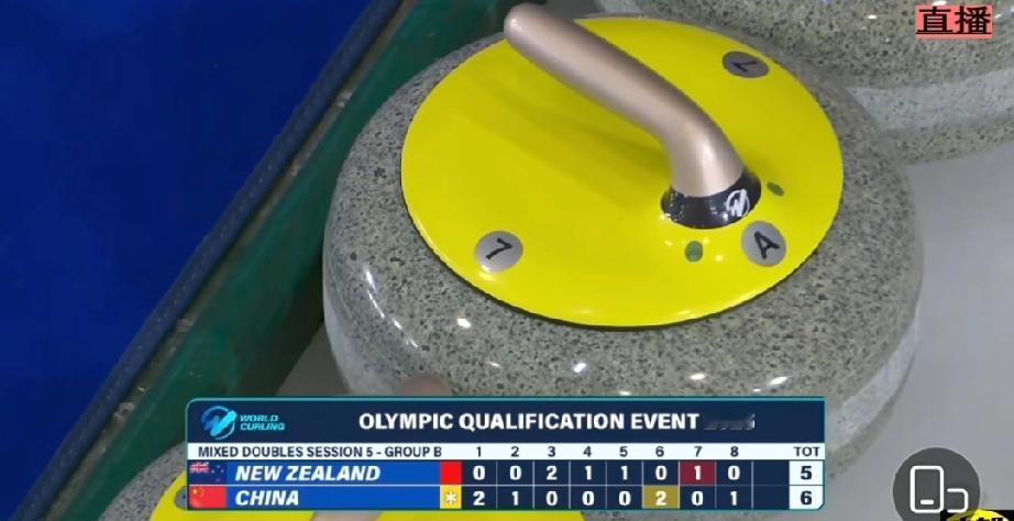 中国队6-5新西兰队
12月17日，在加拿大进行的米兰冬奥会冰壶混双项目落选赛B