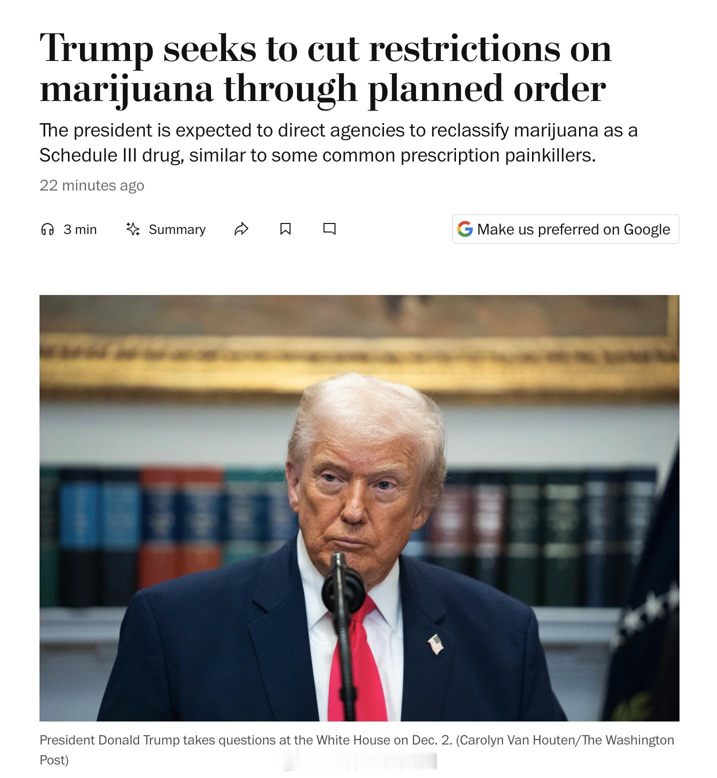 据知情人士透露，川普正准备推动政府大幅放宽对大麻的联邦限制，把监管降到与常见处方