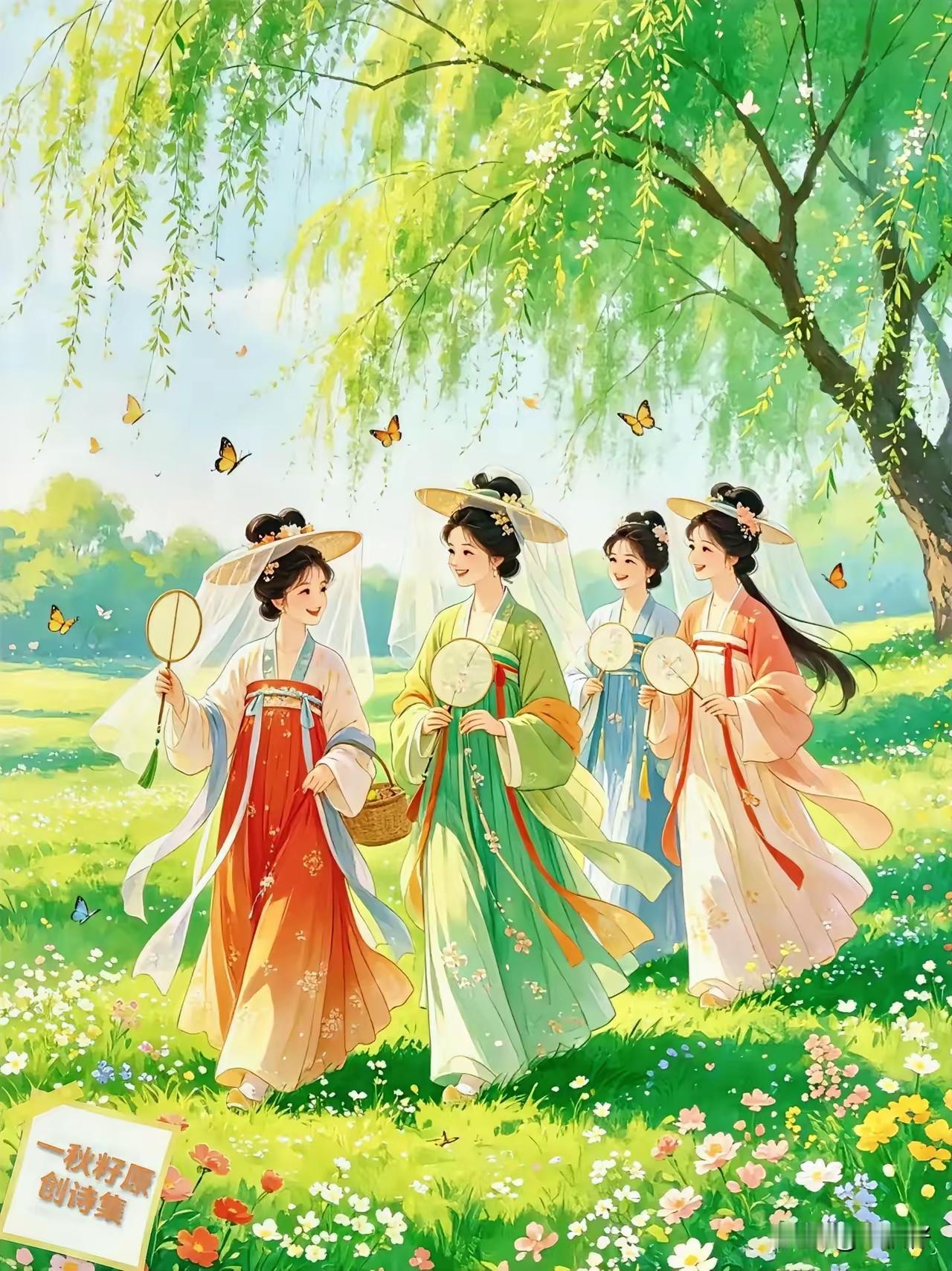 捣练子·春游
春景秀，柳花妍，
陌野芳菲映碧天。
结伴寻芳心自畅，
一襟春意舞翩