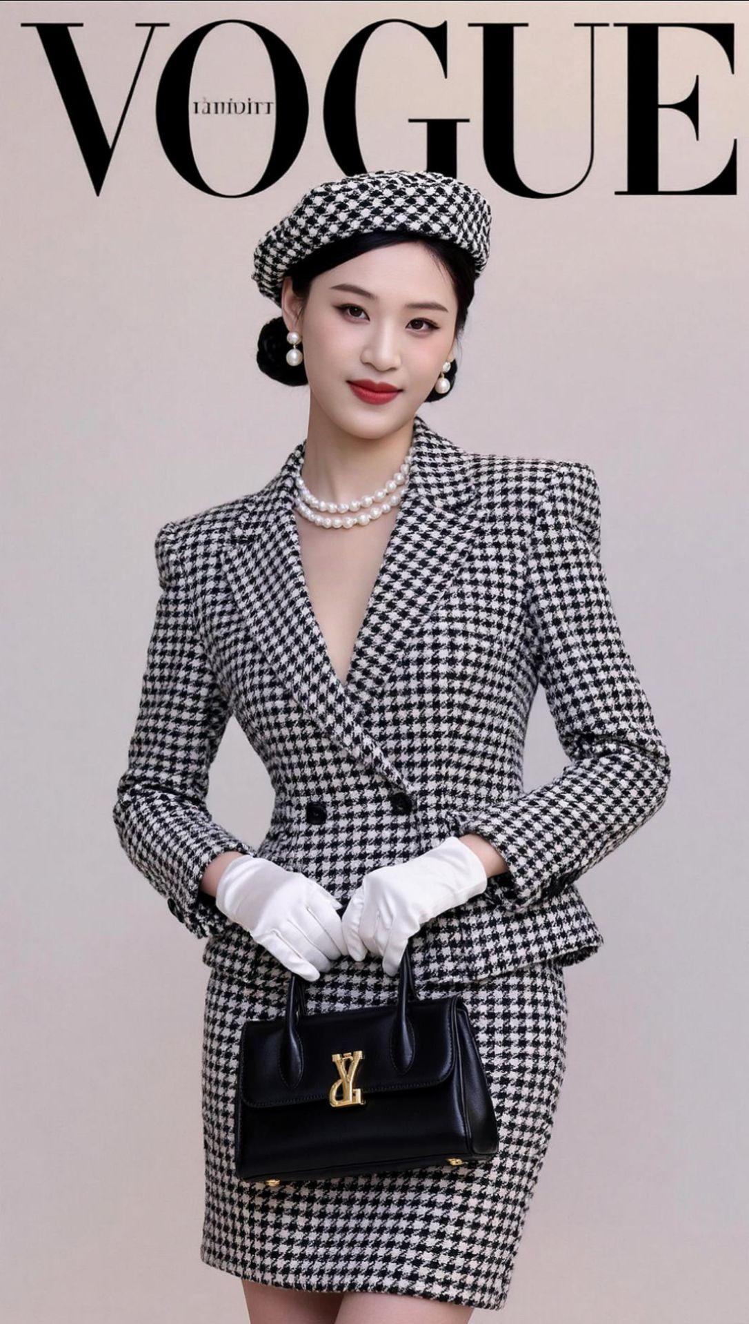 这身复古格纹西装，搭配珍珠项链，仿佛让我置身于VOGUE的时尚大片中。格纹的精致