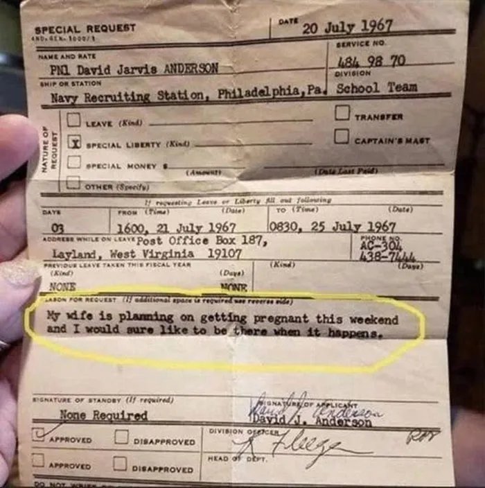 1967年一名水手的休假请求“老婆打算怀孕，我希望我能在场” 