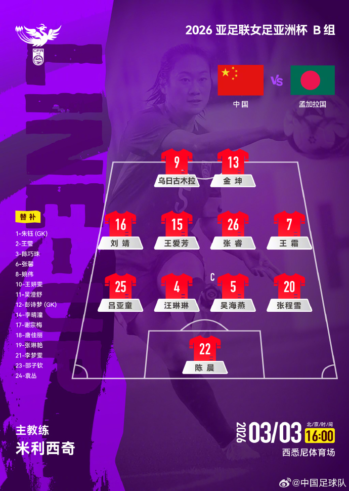 #中国女足vs孟加拉国首发名单#2026亚足联女足亚洲杯，中国队VS孟加拉国队，