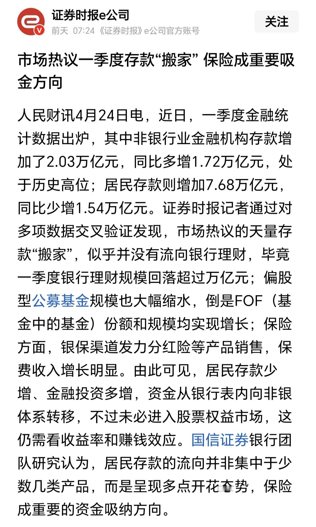 一季度存款搬家，为什么不来股市，为什么不敢来股市，为什么连偏股型基金都在大幅缩水