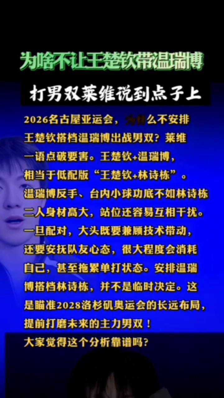 王楚钦搭档温瑞博出战男双？莱维一语点破要害。
王楚钦+温瑞博相当于低配版"王楚钦