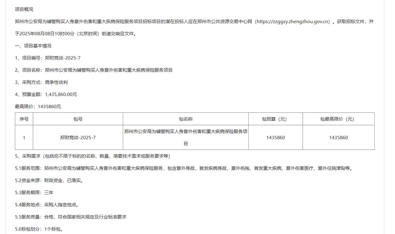 城市观察员郑州公安局143.586万元，为辅警购买人身意外伤害和重大疾病保险服务