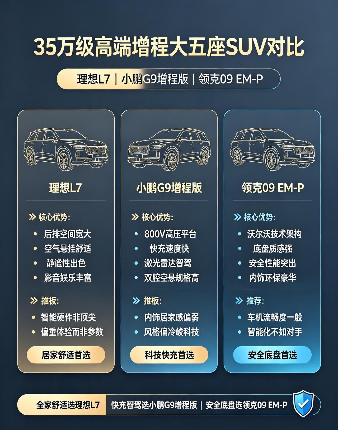三十五万预算，追求大五座舒适空间、高阶智能、长途无忧，三款国产高端SUV精准对标