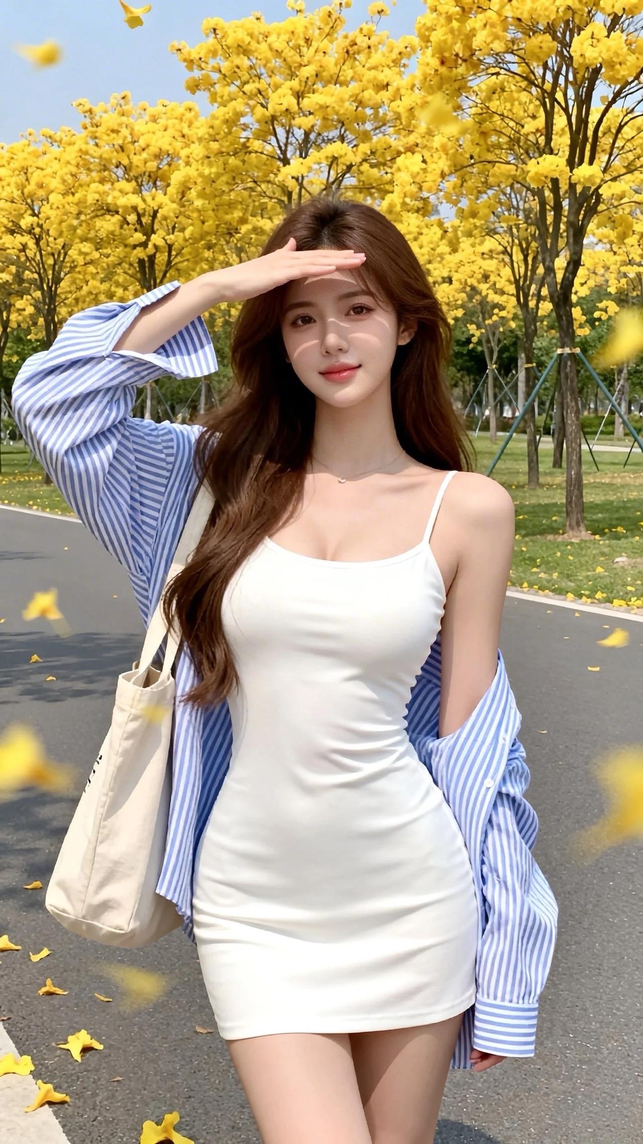 她有着一头柔顺的棕色长卷发，发丝自然垂落，衬得肌肤白皙细腻。五官精致立体，一双清