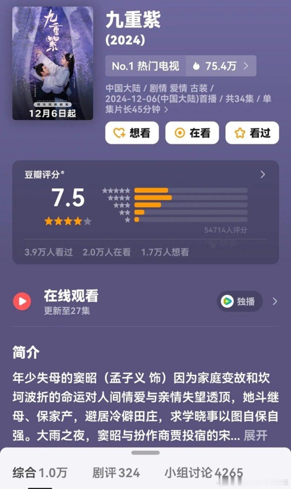 九重紫豆瓣开分7.5  九重紫开分7.5  包好看的[泪]第一个镜头就拿捏住了 