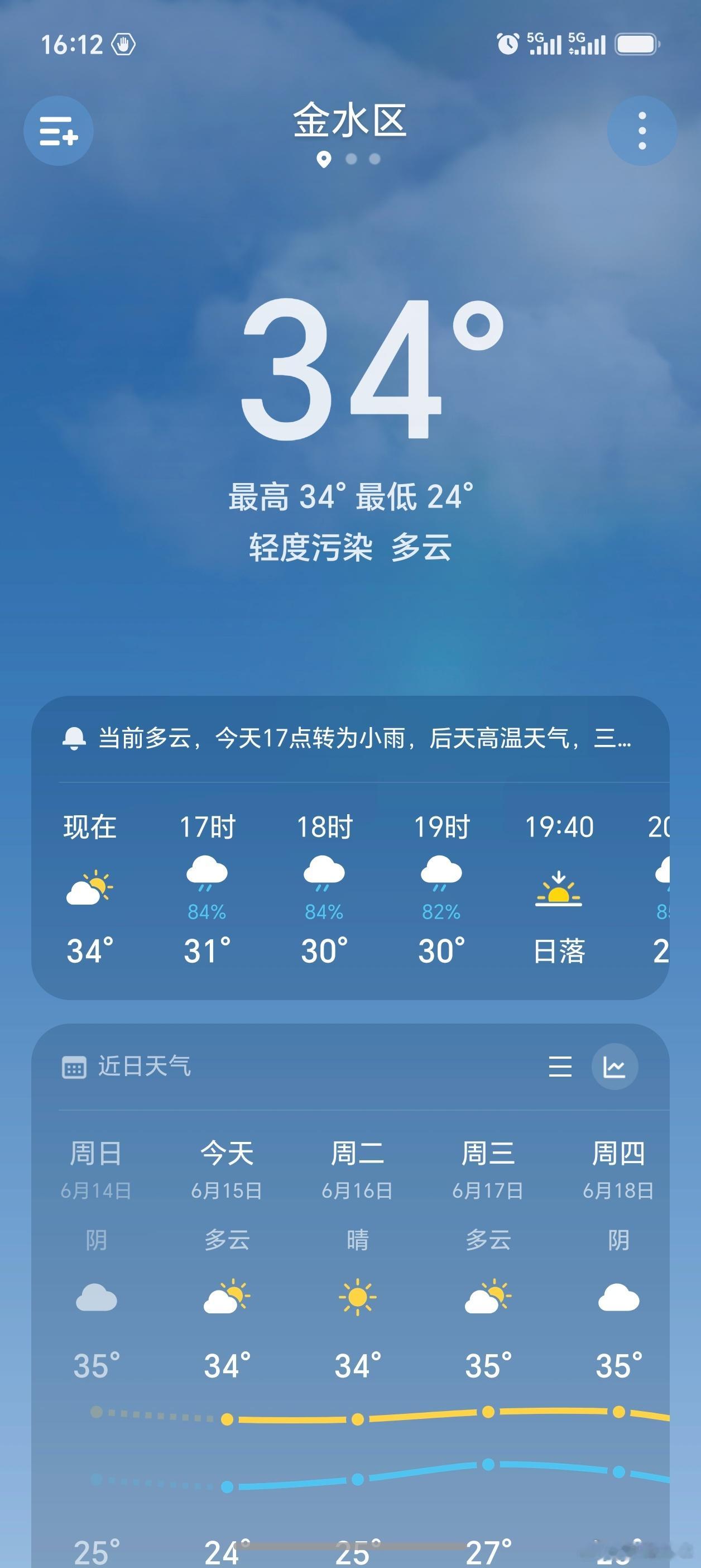 郑州金水区目前34度，下午五点可能有雨。。本周平均温度36度！！！要把人热死了！