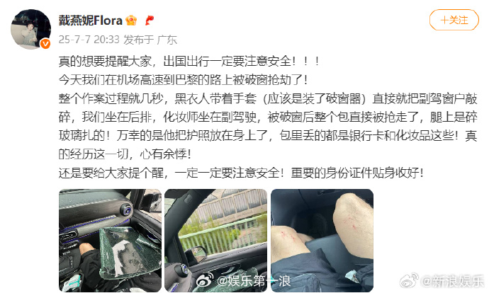 戴燕妮被破窗抢劫戴燕妮巴黎遇破窗抢劫 7日，发博称在机场高速到巴黎的路上遭遇破窗