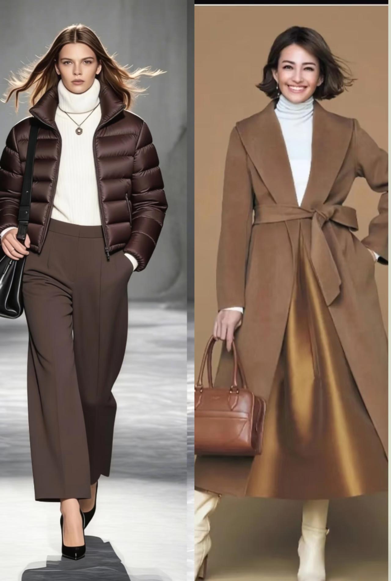 第一组：同色系搭配，和谐统一

选择不同深浅的棕色单品搭配，造型和谐统一又高级，
