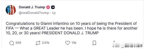 川普发文祝贺因凡蒂诺担任国际足联主席十周年。
“祝贺詹尼·因凡蒂诺担任国际足联主