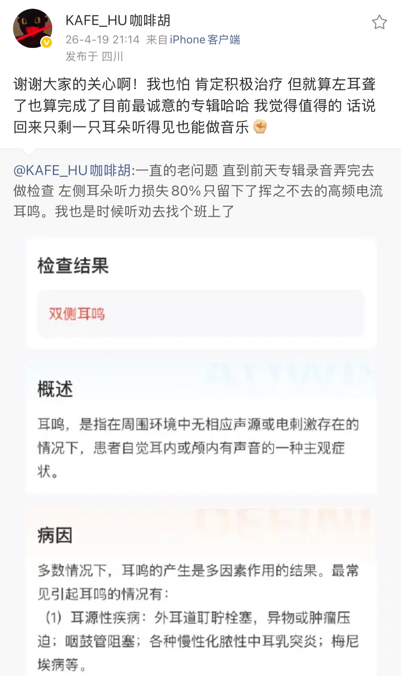早日康复！Kafe.Hu表示左侧耳朵听力损失80%，但好在完成了最有诚意的专辑！