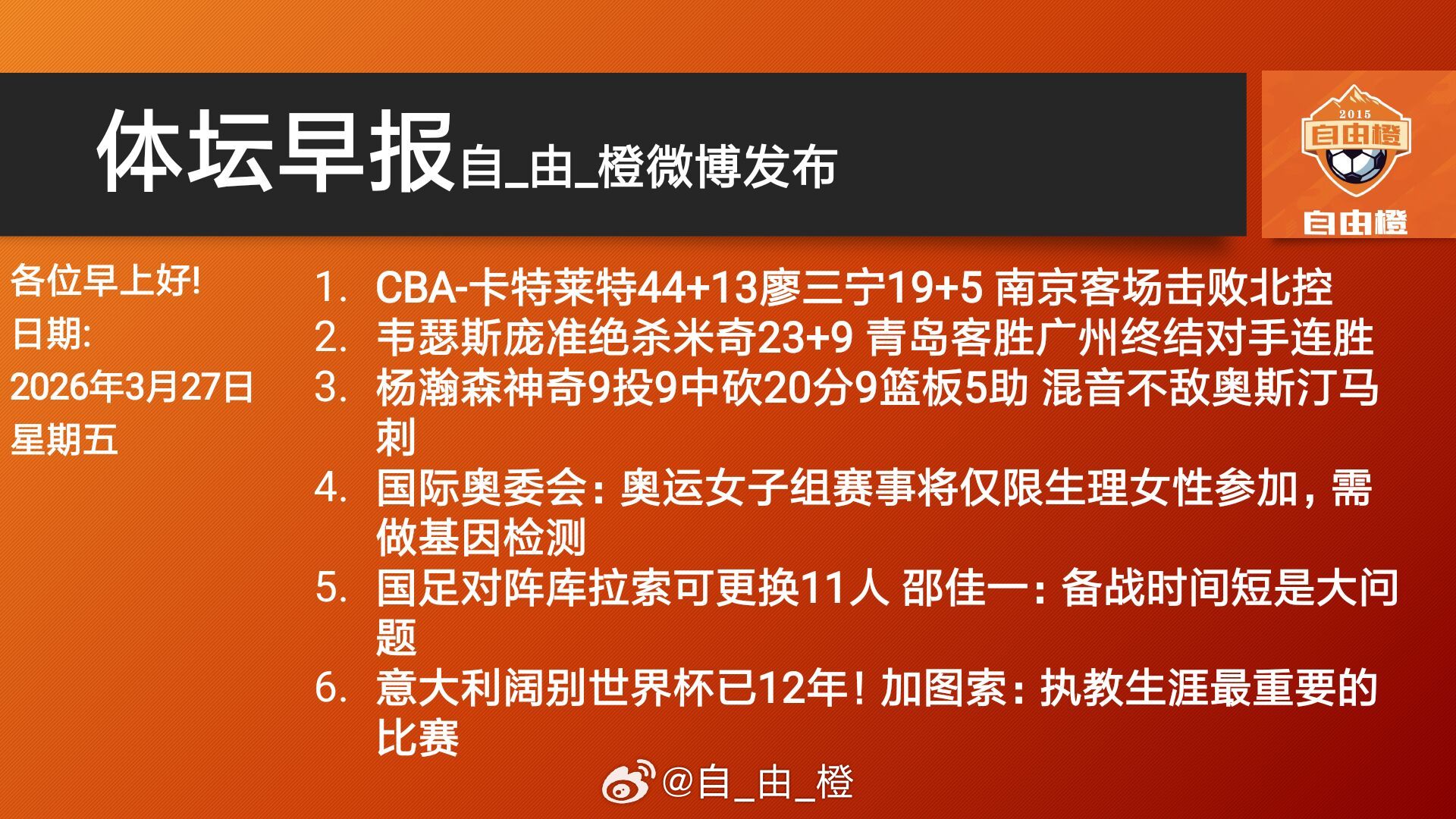 自由橙体坛早晚报每日橙语