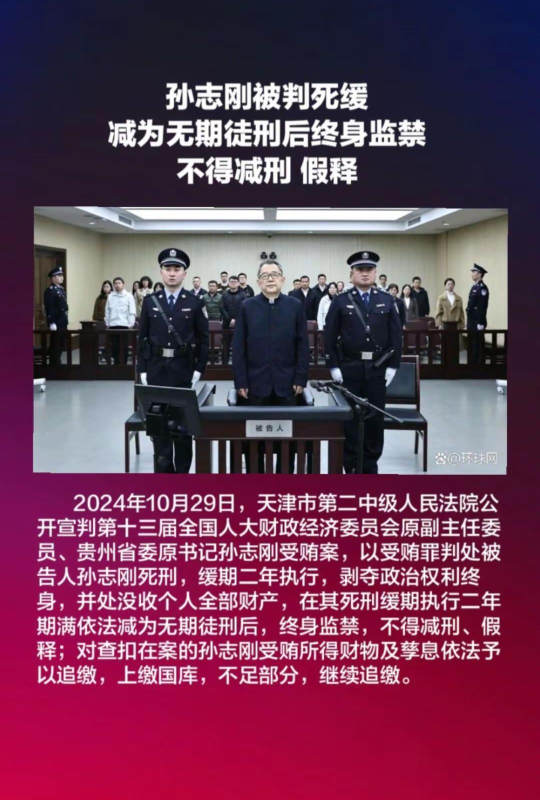 环球网。孙志刚被判死缓减为无期徒刑后终身监禁，不得减刑、加释