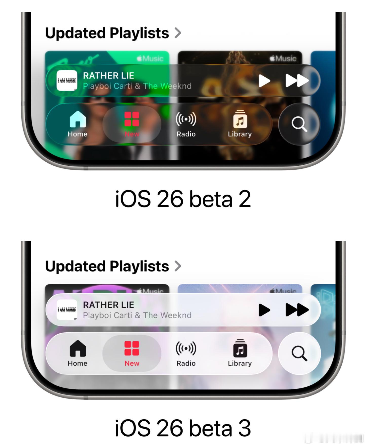 iOS26 Beta3更新后，液态玻璃效果的透明度进一步降低，效果上更靠近磨砂玻
