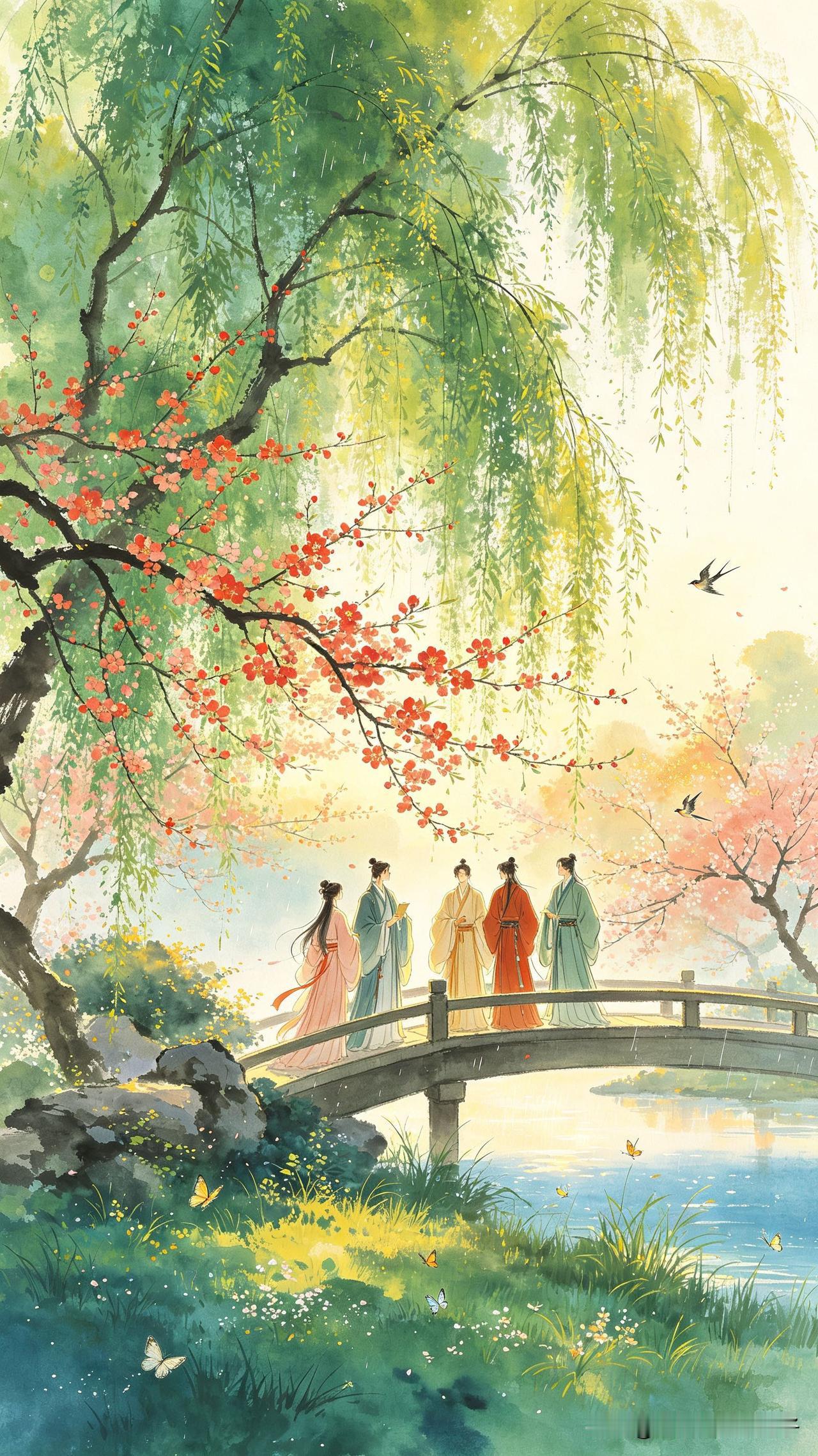 绿杨烟外晓寒平，
红杏枝头雨乍晴。
几处早莺争暖树，
     
…………请师友