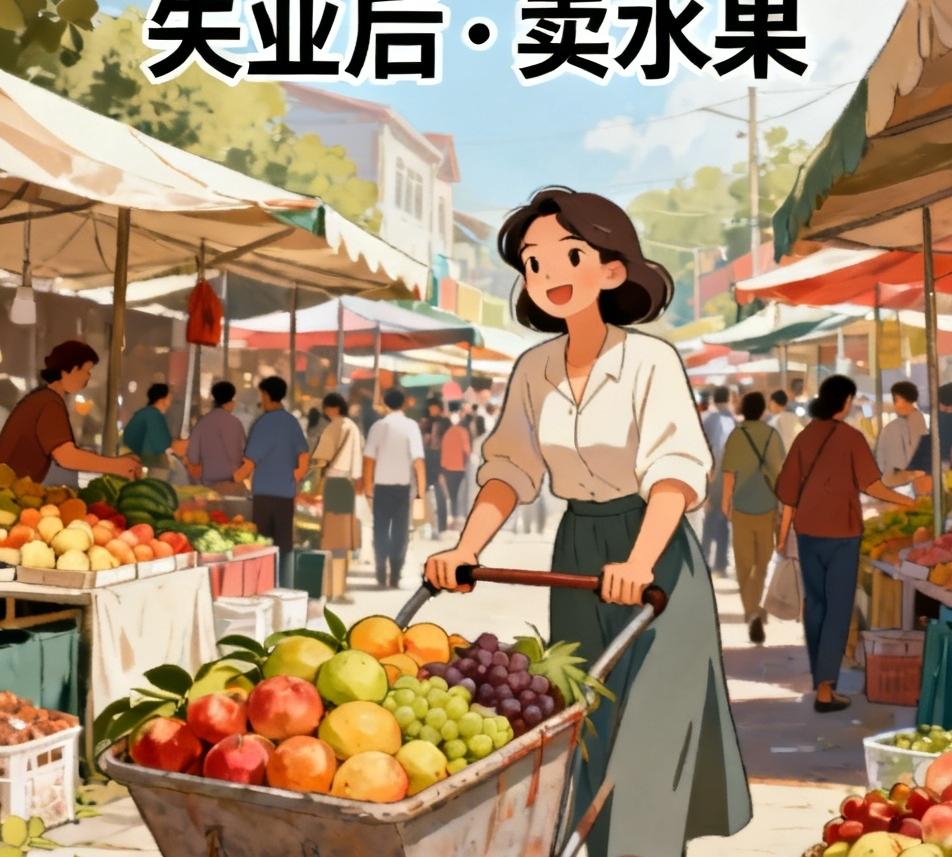 失业了，然后去卖水果，一辆手推车

就是市场，有个小路口
推车卖水果

这个人是