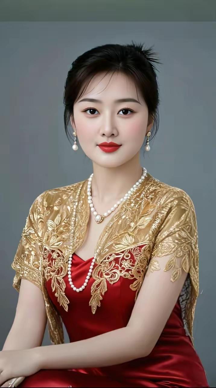 这位女士穿着红色礼服，配着珍珠饰品，真漂亮！