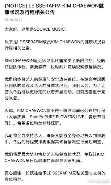 金采源颈部疼痛将缺席活动高强度行程透支身体，金采源颈痛加重，选择病休暂缓所有活动