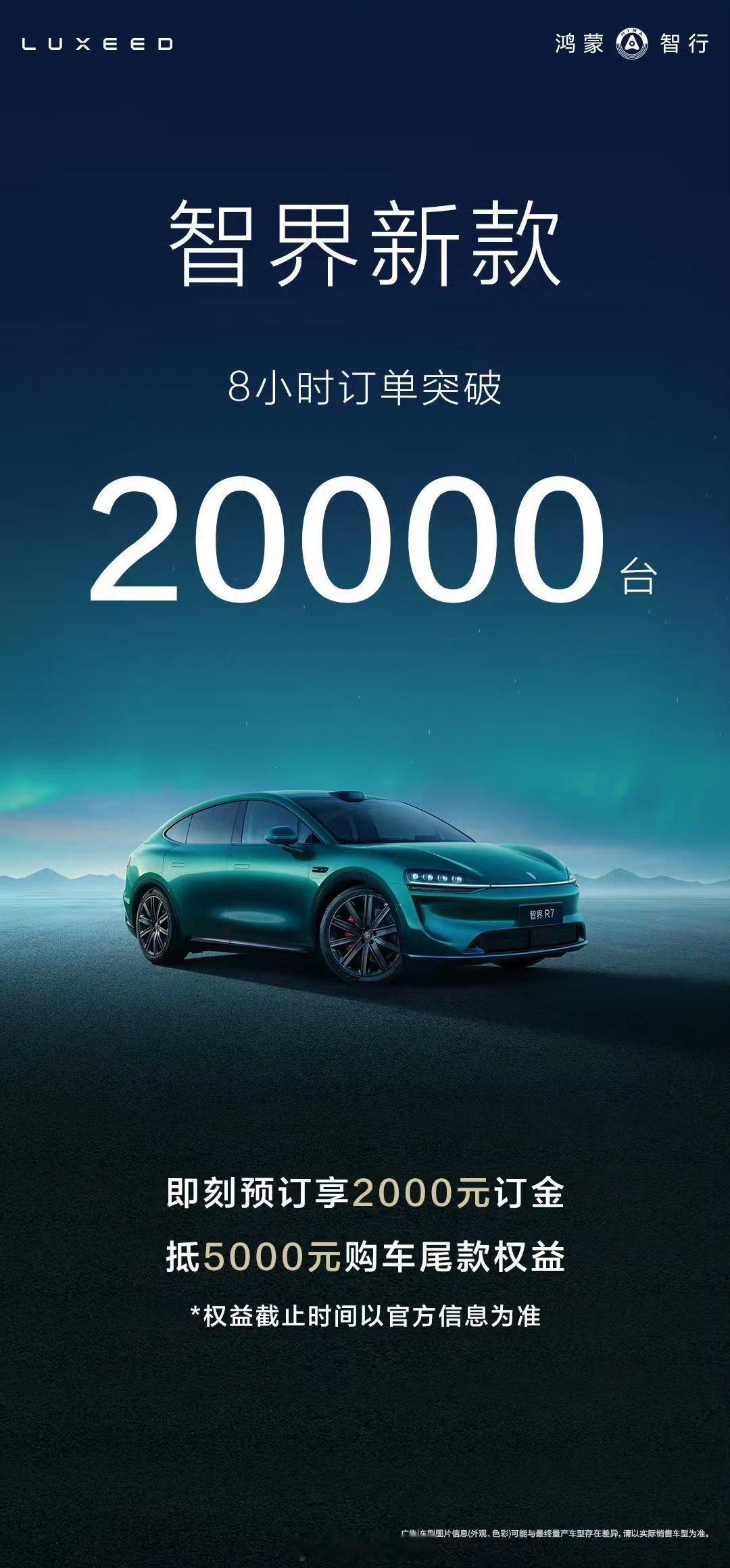 智界新车8小时小订破20000台智界新款预售8小时小订破20000台，华为技术赋