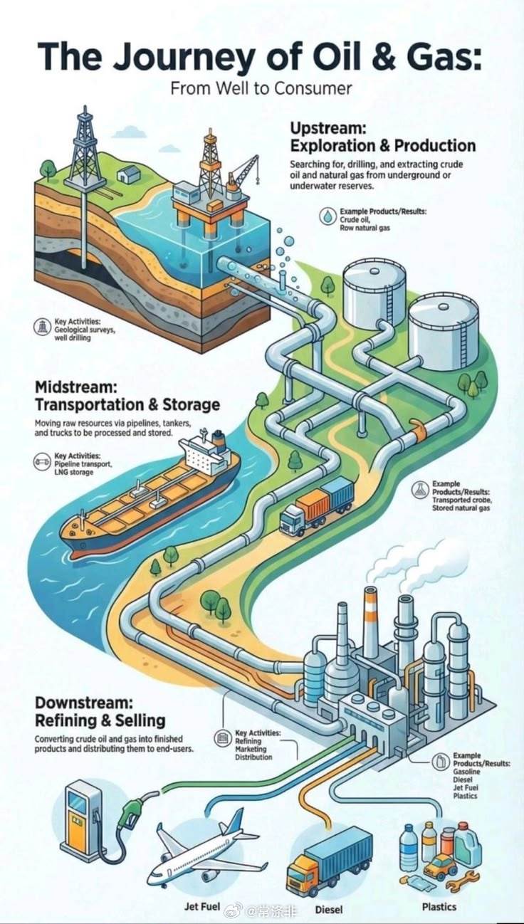🛢️石油和天然气的发展历程 🔍上游——勘探、钻井和原油开采 🚛中游——管道