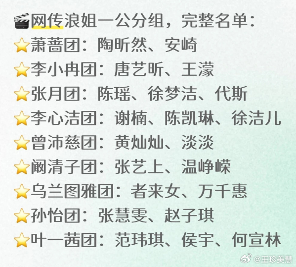 网传的浪姐7一公分组和选曲来了，大家更期待哪组姐姐们呢？网传浪姐7一公分组名单