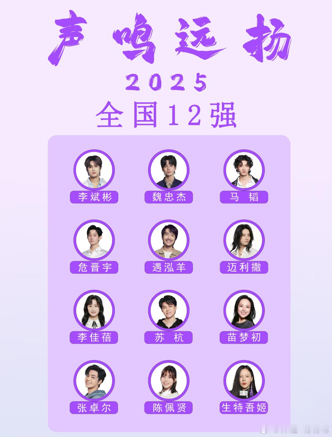 《声鸣远扬2025》全国12强名单来啦！《声鸣远扬2025》全国12强名单那英队