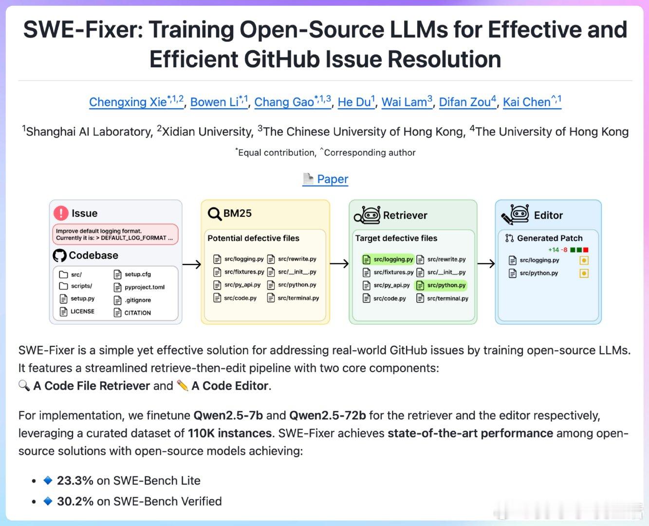 【[46星]SWE-Fixer：开源LLM训练项目，旨在高效解决GitHub上的