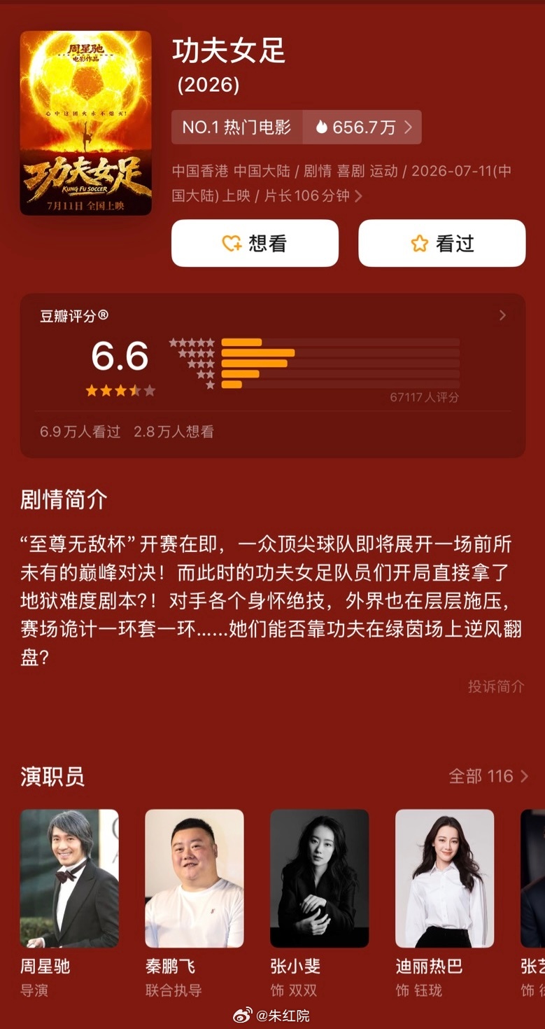 张小斐、迪丽热巴、张艺兴《功夫女足》豆瓣开分6.6 