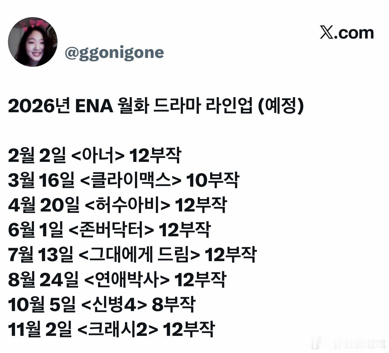 2026年 ENA 月火剧阵容（预定）2月2日 《Honor》12集 李奈映 郑