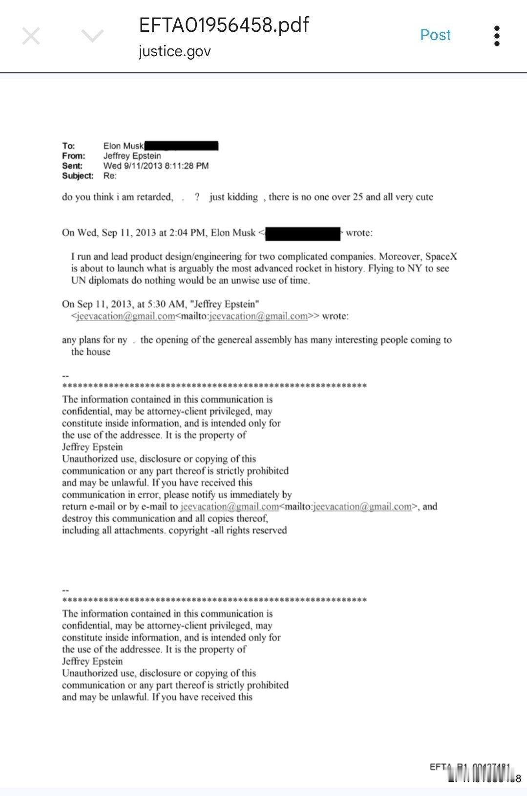 🔻爱泼斯坦给马斯克发邮件称：“有来纽约的计划吗？联合国大会开幕期间，有许多有趣