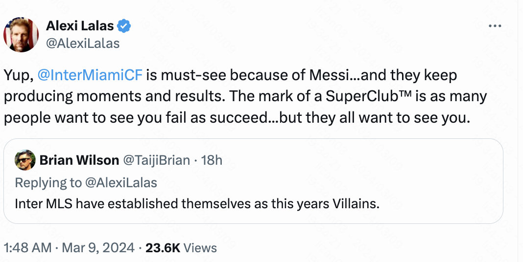 【起码上座率很有保障呀[doge]】网友发推：迈阿密国际现在已经成为了今年大联盟