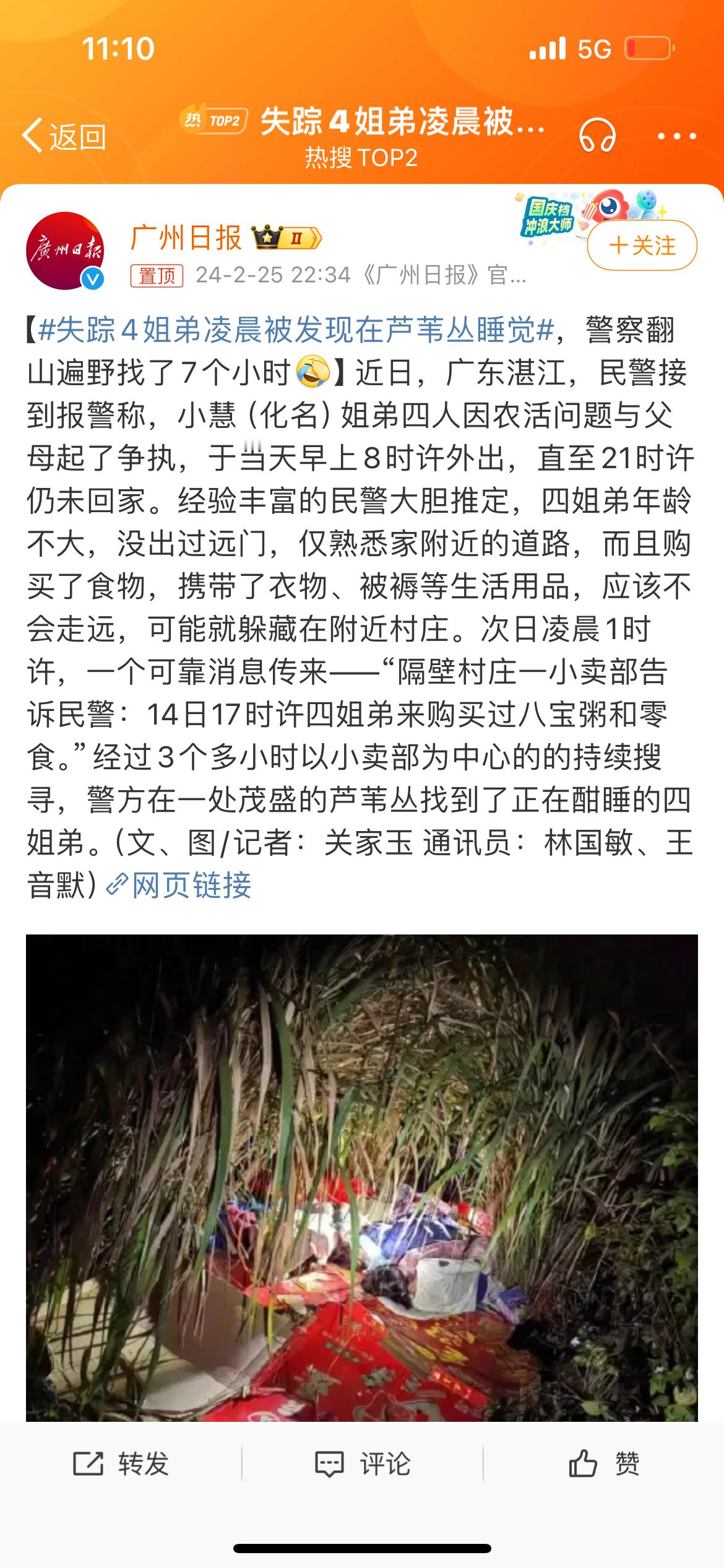 #失踪4姐弟凌晨被发现在芦苇丛睡觉#现在的小孩心都挺大的！ ​​​