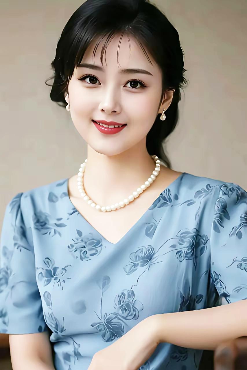 优雅蓝裙搭配珍珠项链，甜美笑容，气质动人！