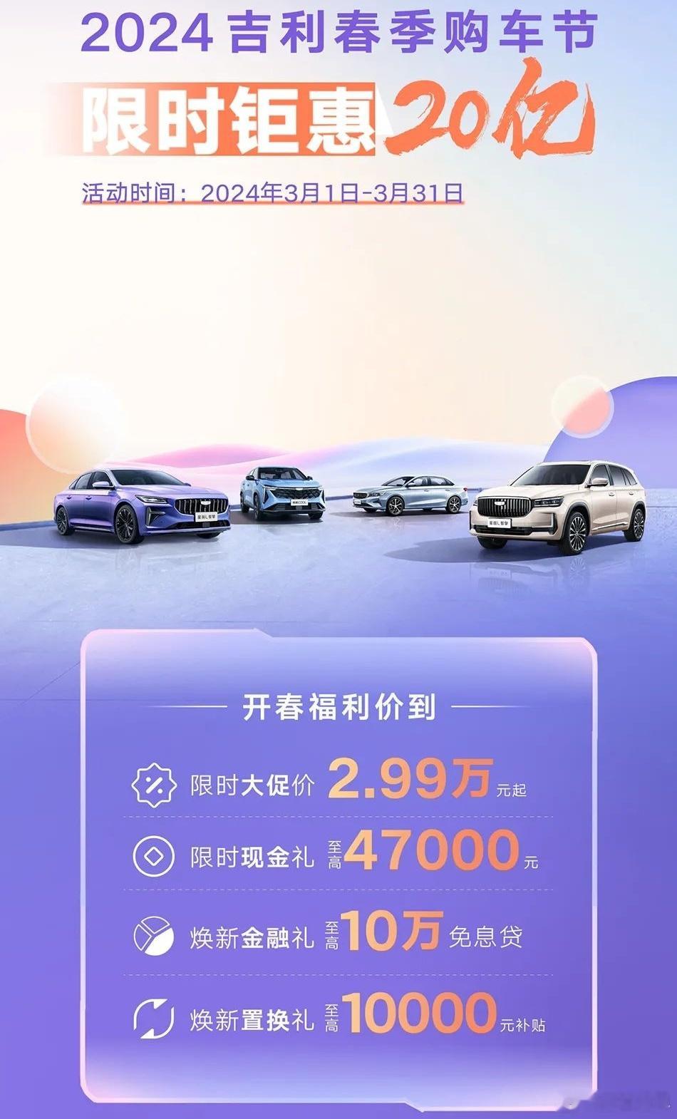 3月1日，吉利汽车开启2024春季购车节，活动时间3.1-3.31，购车礼遇包括