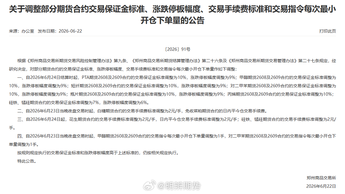 郑商所：自2026年6月23日当晚夜盘交易时起，甲醇期货2608及2609合约的